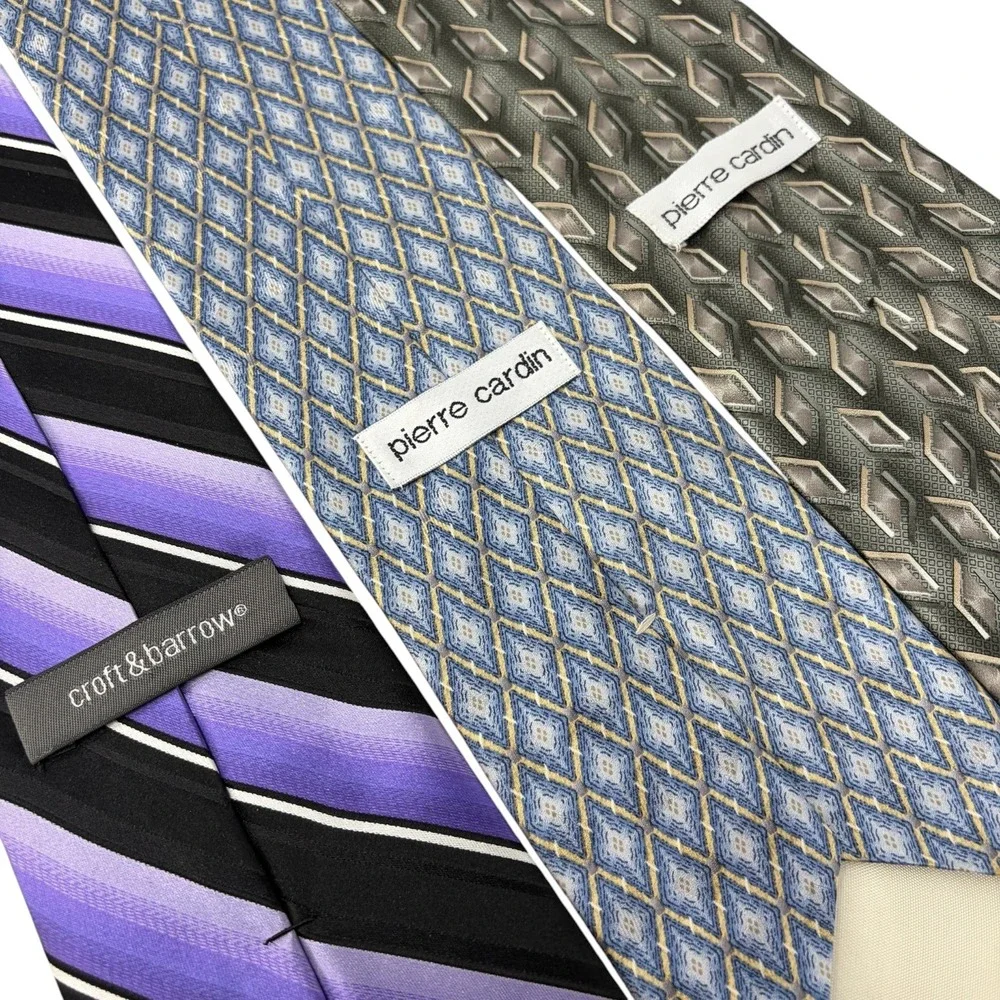 Lot 3 Vintage Silk Neckties Pierre Cardin Croft & Barrow Geometric Stripe